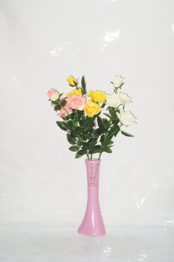 40 cm Pembe İşlemeli Vazo 3 Renk Gül