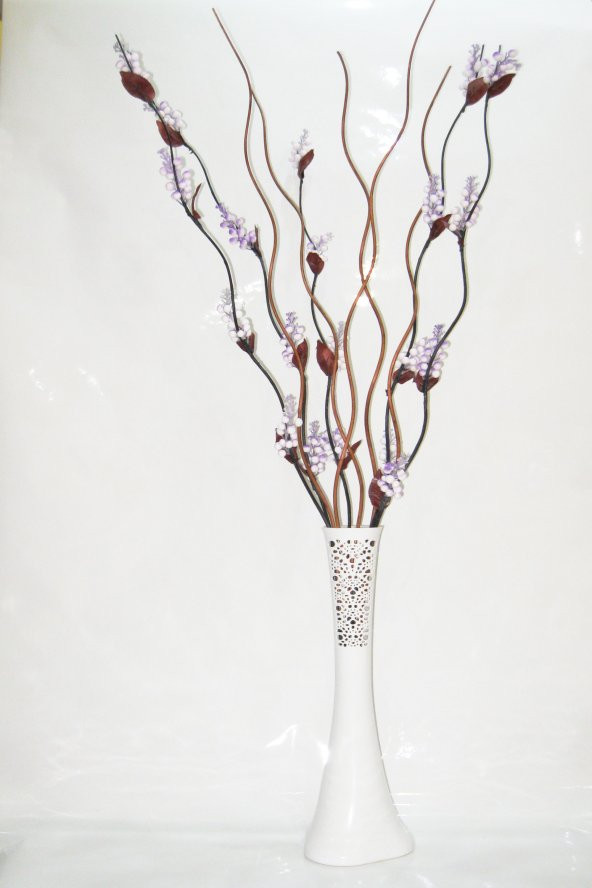60 cm Beyaz Desenli Vazo 5 Adet Mor Çiçek 5 Adet Kahverengi Dal