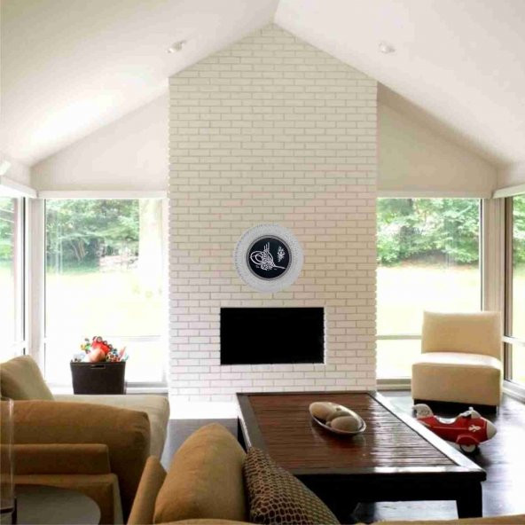 Detaylı İşlemeli Vitrin Komodin Etajer Dresuar Duvar İçin 35 cm Çapında Gümüş Varaklı Çerçeve Tuğra Tabak - 2