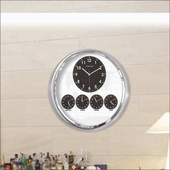 60cm Krom Metal 5 Ülke Saatini Ayrı Ayrı Gösteren Dünya Saati - 3
