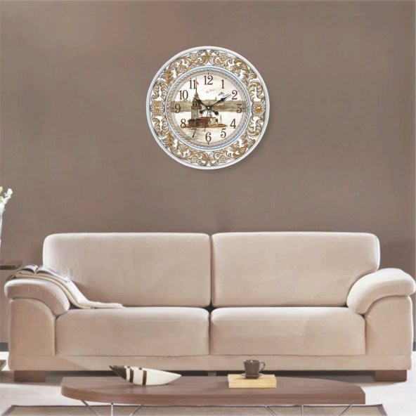 Kız Kulesi Manzaralı İşlemeli Çerçeve Otel Odası Ofis Duvar Saati - 2