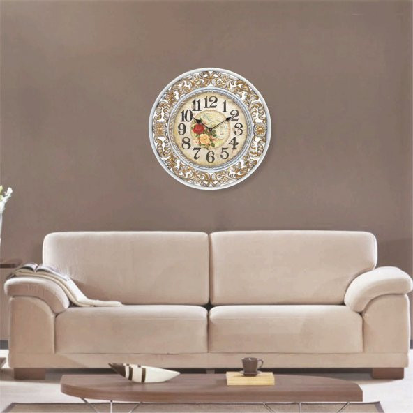 Güller İşlemeli Çerçeve Oturma Odası Salon Şık Duvar Saati - Resim 2