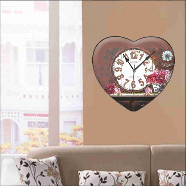 Retro Vintage Oturma Odası Salon Mutfak Ofis Kalp Duvar Saati - Resim 3