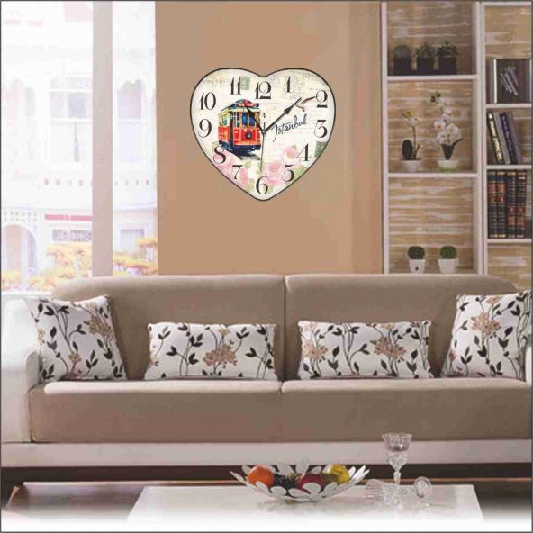 İstanbul Taksim Tramvay Desenli Salon Mutfak Kalp Duvar Saati - 2