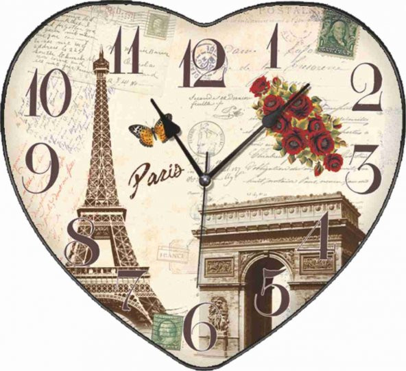 Paris Eyfel Kulesi Desenli Oturma Odası Salon Kalp Duvar Saati