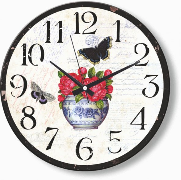 Vazoda Çiçekler ve Kelebek Mutfak Ofis İşyeri Duvar Saati - 2