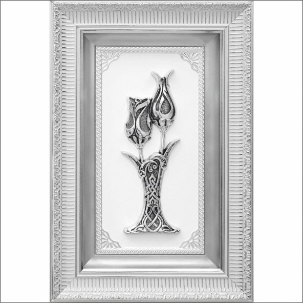 Gümüş Varak Çift Çerçeve Kabartma Üzeri İşlemeli Ramazan İçin Hediyelik Vazolu Lalegül Tablo