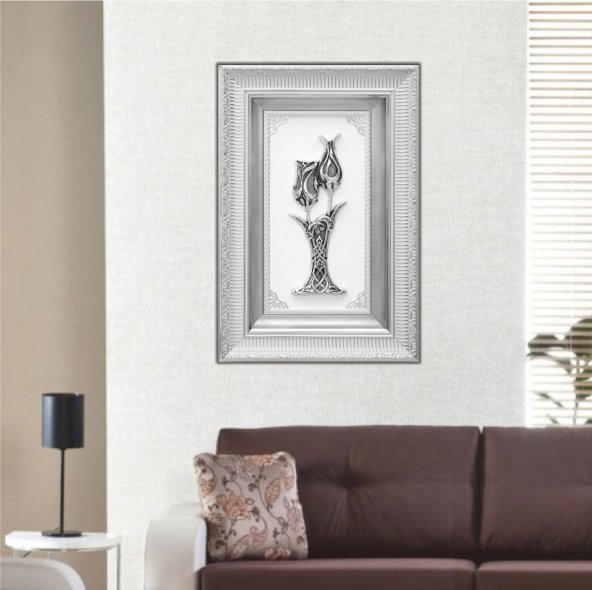 Gümüş Varak Çift Çerçeve Kabartma Üzeri İşlemeli Ramazan İçin Hediyelik Vazolu Lalegül Tablo - 2