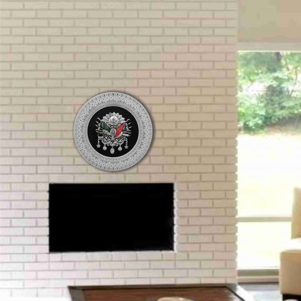 Üç Hilalli 35 cm Tabak Gümüş Varaklı Osmanlı Arması Duvar Masa Sehpa Etajer Konsol Pano Obje Süs - 3