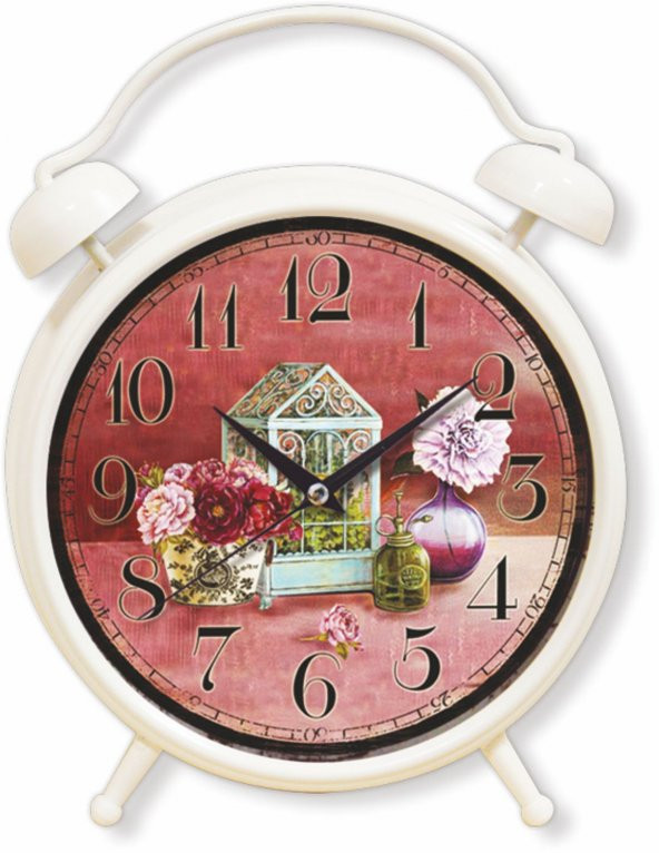 Retro Desenli Çalar Saat Görünümlü Ayaklı Masa ve Duvar Saati