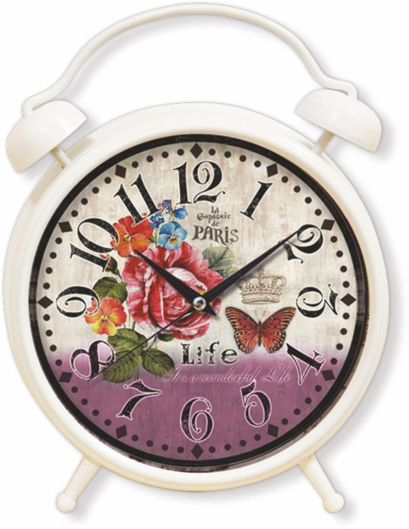 Çiçek Desenli Retro Çalar Saat Görünümlü Masa ve Duvar Saati