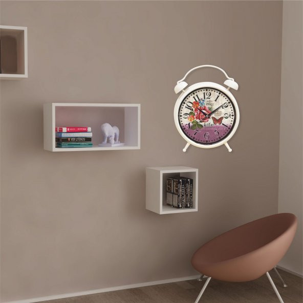 Çiçek Desenli Retro Çalar Saat Görünümlü Masa ve Duvar Saati - Resim 3