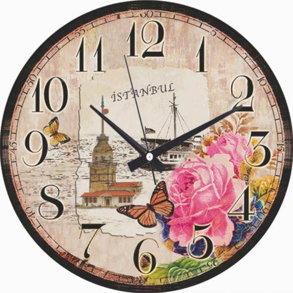 Kız Kulesi Çiçekli Okunaklı Ev Ofis İşyeriBombe Camlı Duvar Saati