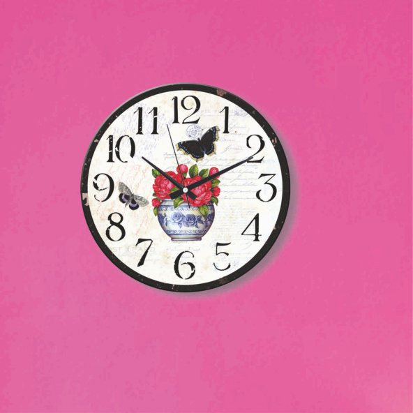 Vazoda Çiçekler ve Kelebek Mutfak Ofis İşyeri Duvar Saati