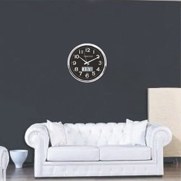 Kromaj Metalik Görünümlü Dijitalli Ofis İşyeri Otel Duvar Saati - Resim 2