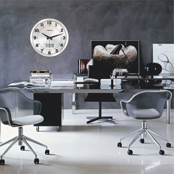 Satine Alüminyum Gümüş Zemin Ev Ofis İşyeri Sınıf Duvar Saati - Resim 3