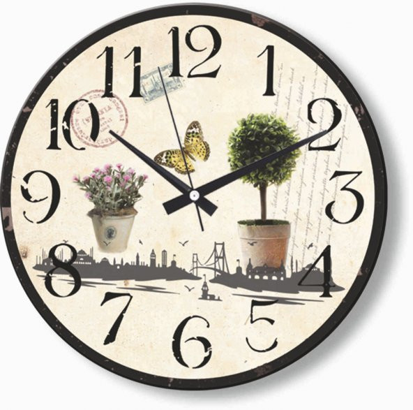 İstanbul Silüetinde Çiçekler Ofis Mutfak Oturma Odası Duvar Saati - Resim 2