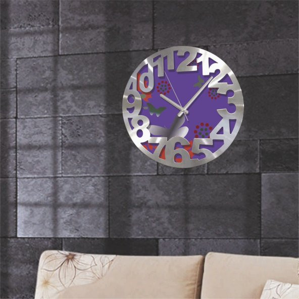 Kelebek Desenli Alüminyum Kalın Kadran Duvar Saati - Resim 3