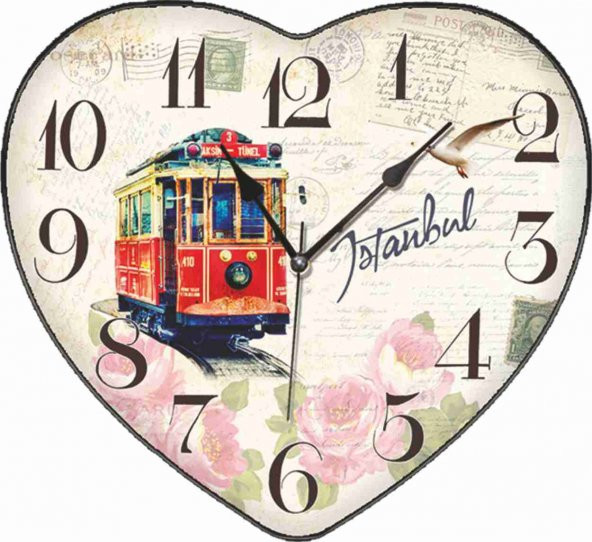 İstanbul Taksim Tramvay Desenli Salon Mutfak Kalp Duvar Saati