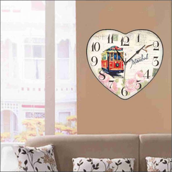 İstanbul Taksim Tramvay Desenli Salon Mutfak Kalp Duvar Saati - 3