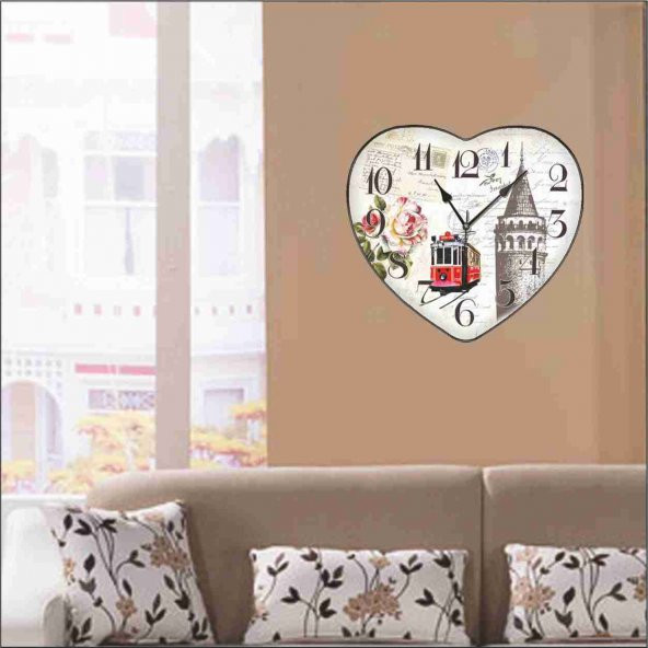 Galata Kulesi Desenli Hediyelik Kalp Duvar Saati - Resim 3