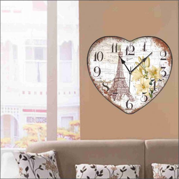 Eyfel Kulesi Desenli Hediyelik Kalp Duvar Saati - Resim 3