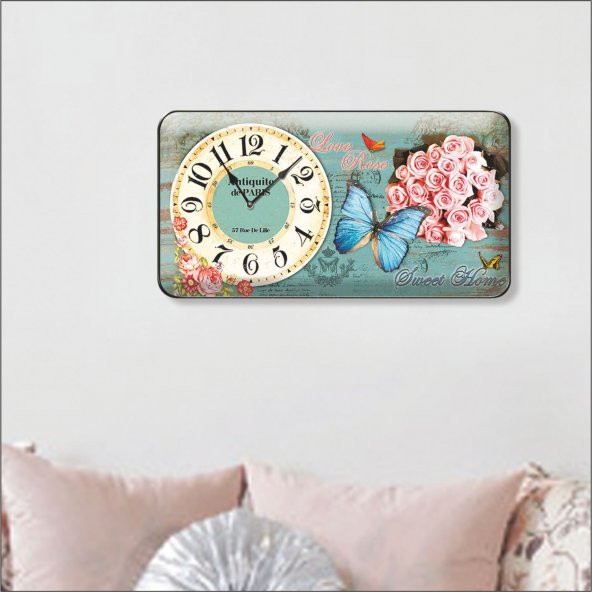 Kelebek ve Güller Bombe Camlı Salon İşyeri Ofis Duvar Saati - Resim 3