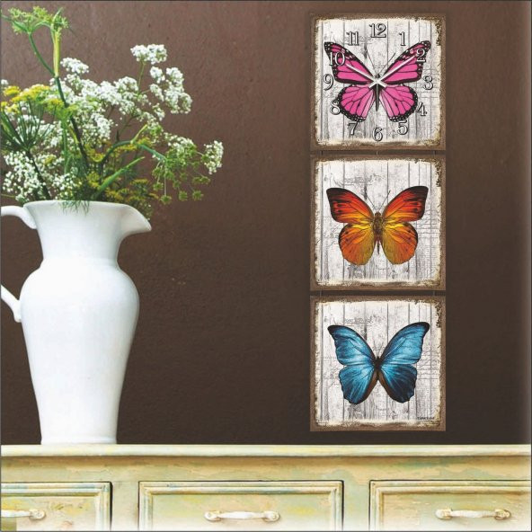 Mdf Renkli Kelebekler Tablo Duvar Saati - Resim 2