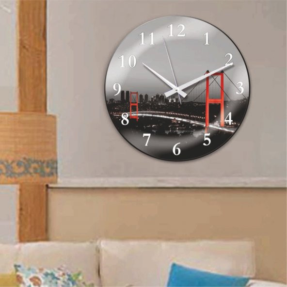 Büyük 30 cm Bombe Camlı Sessiz Kayar Saniyeli Gece Çekim Boğaz Köprüsü Duvar Saati - 3