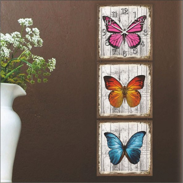 Mdf Renkli Kelebekler Tablo Duvar Saati - Resim 3