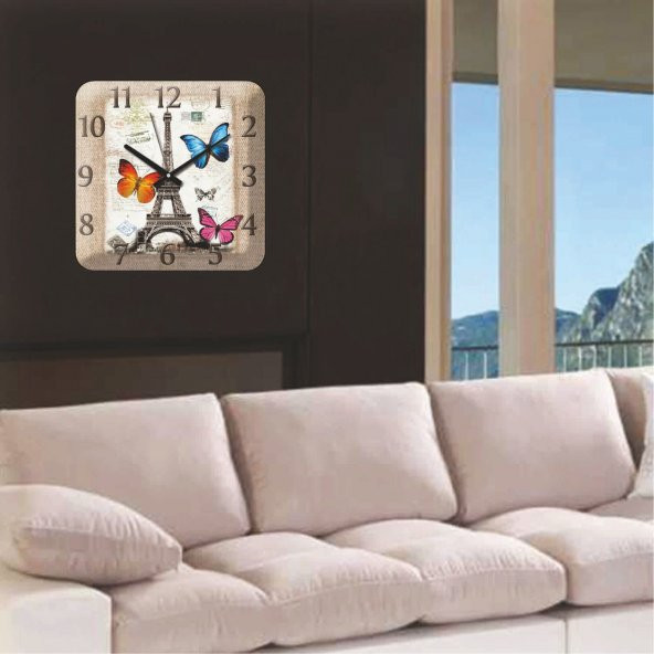 Eyfel Kulesi Ve Kelebekler Duvar Saati - Resim 2
