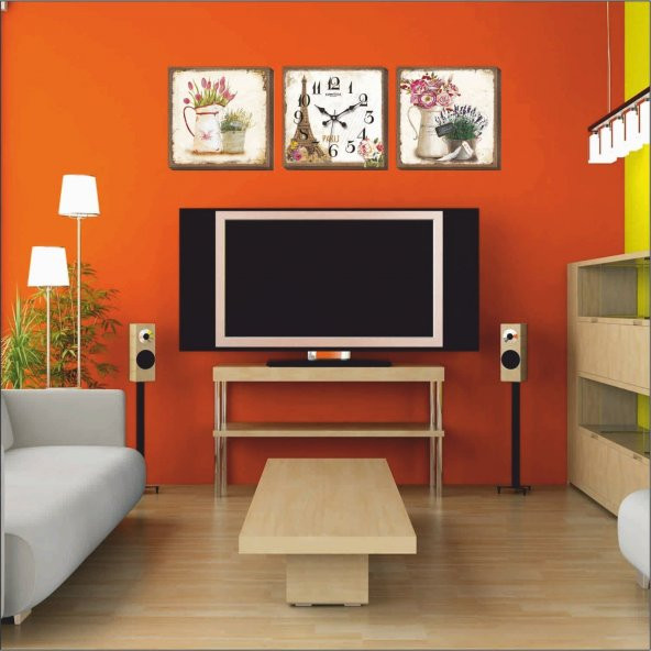 Eyfel Lavanta Laleler Çiçekler Desenli Kanvas Tablo Duvar Saati - Resim 2