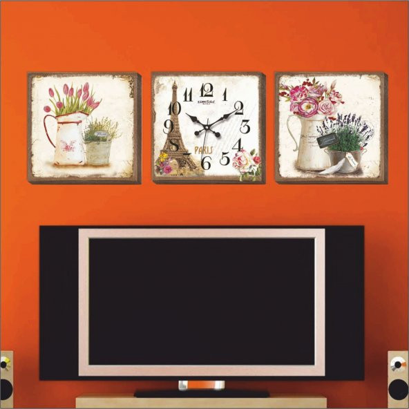 Eyfel Lavanta Laleler Çiçekler Desenli Kanvas Tablo Duvar Saati - Resim 3