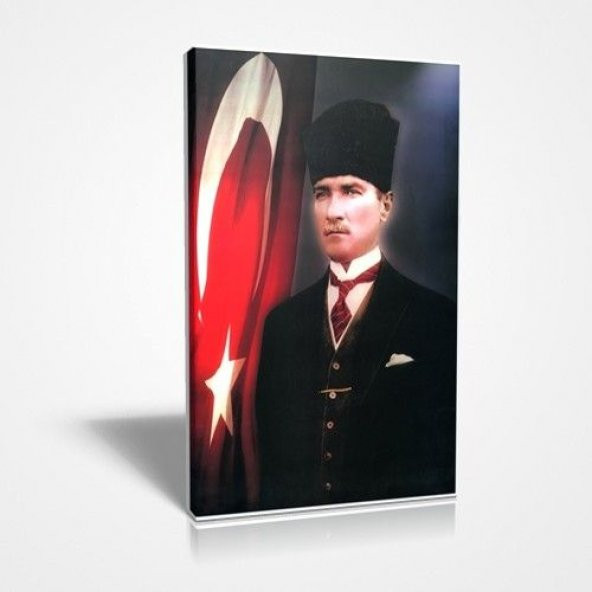 45x30 cm Kalpaklı Atatürk Ve Bayrak Kaliteli Canvas Kanvas Kumaş Tablo