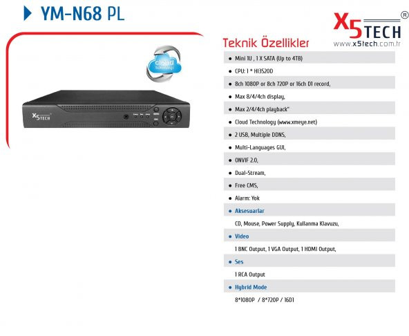 X5 TECH YM-N68PL 8 KANAL HDMI NVR KAYIT CİHAZI