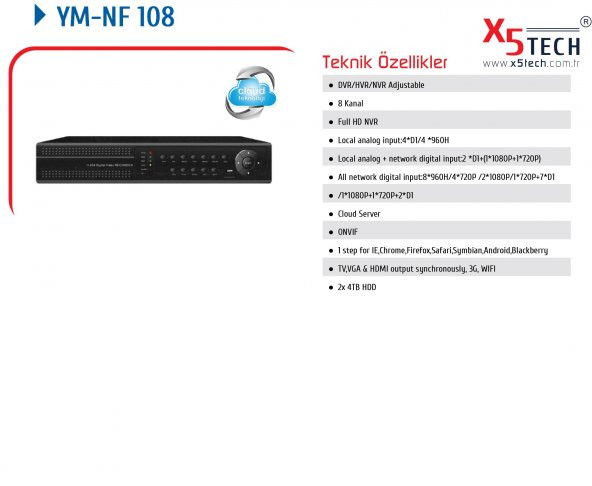 X5 TECH YM-NF108 8 KANAL FULL HD NVR 1080P KAYIT