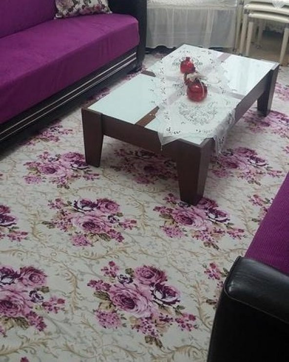 Lastikli Halı Örtüsü Dijital Welsoft Lila Gül Demeti - 3
