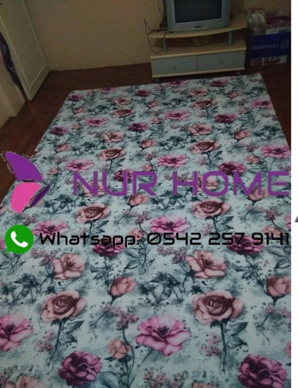 Welsoft Lastikli Halı Örtüsü Gri Pembe Güllü Dijital - 2