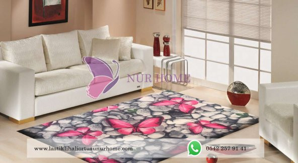 Lastikli Halı Örtüsü Pembe Kelebekli Çakıltaşı Desenli - 2