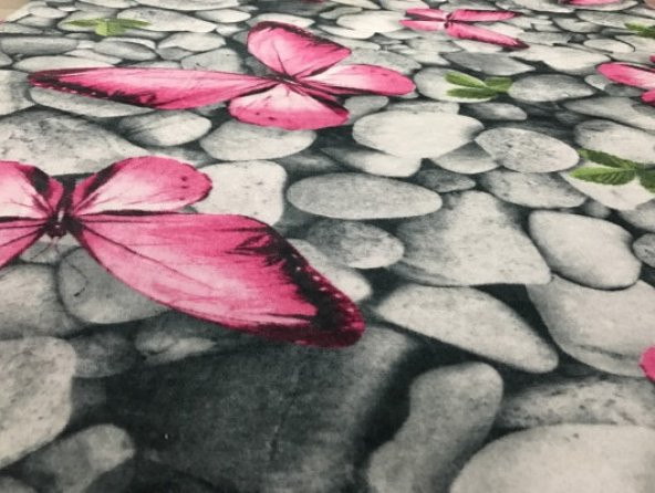 Lastikli Halı Örtüsü Pembe Kelebekli Çakıltaşı Desenli - 3