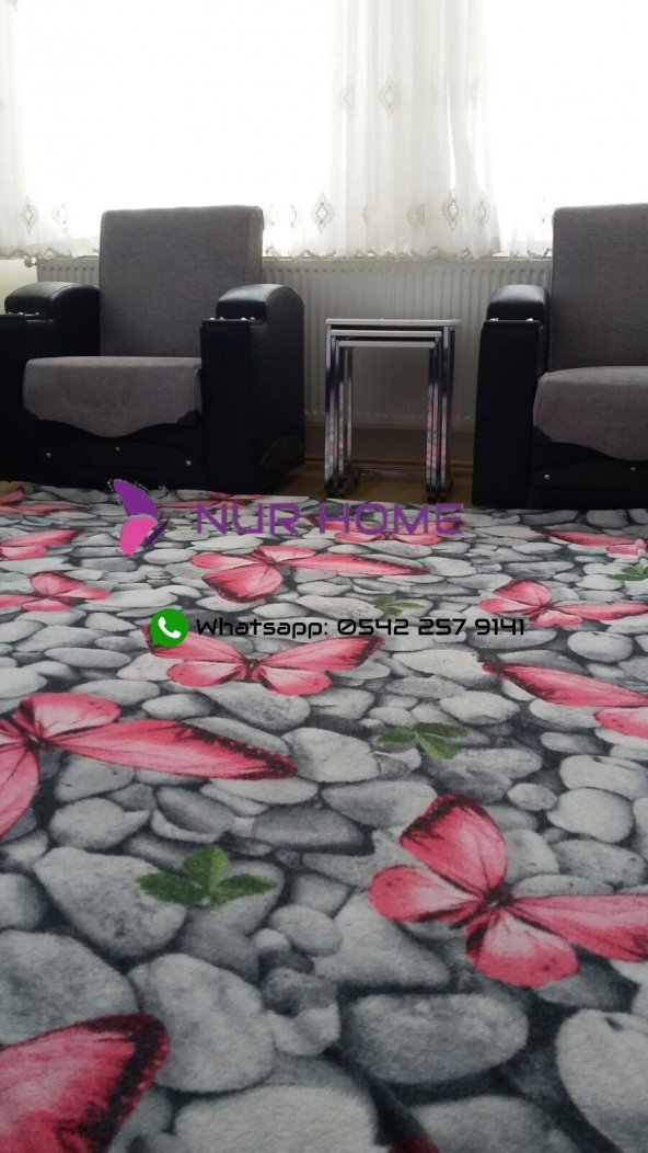 Lastikli Halı Örtüsü Pembe Kelebekli Çakıltaşı Desenli - 5