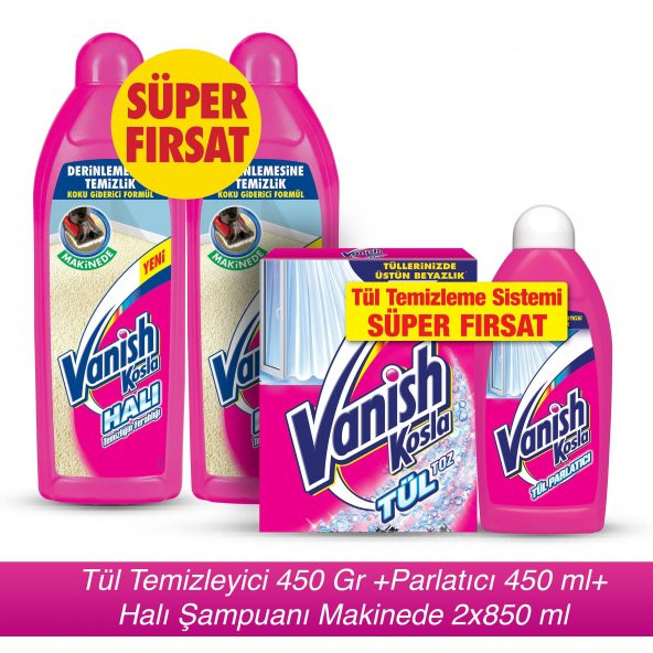Vanish Kosla Tül Toz 450 gr + Parlatıcı 450 ml+ Halı Şampuanı Makinede Yıkama 2x850 ml