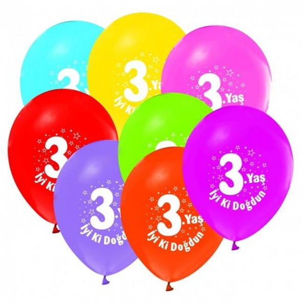 Üç 3 Yaş Baskılı Karışık Renk Balon 100 Adet
