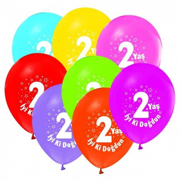 İki 2 Yaş Baskılı Karışık Renk Balon 100 Adet