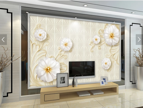3D Beyaz Çiçekler Modelli  Duvar Kağıtları