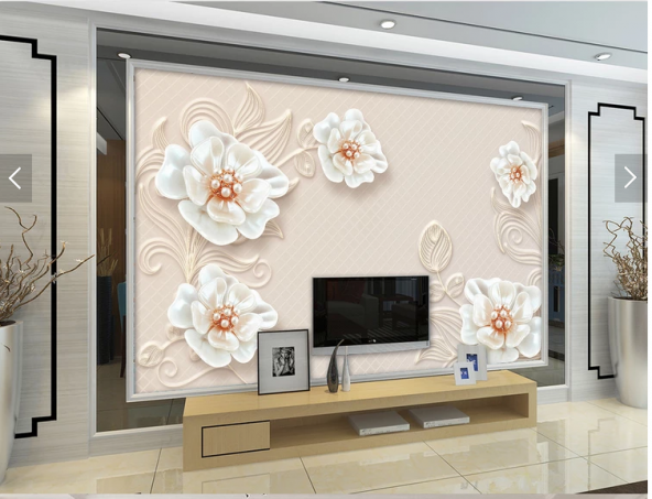 3D Beyaz Çiçeklerve İnciler  Modelli  Duvar Kağıtları