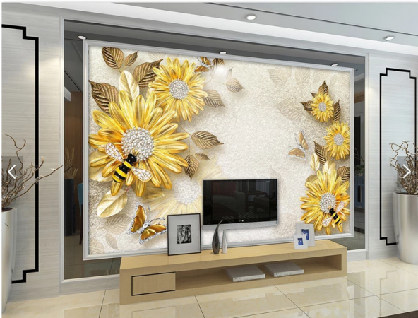 3D Sarı Çiçekli Duvar Kağıtları