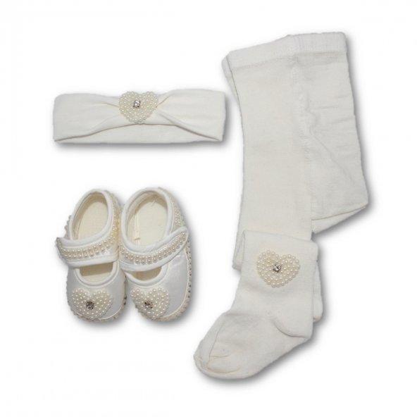 Çorap,Patik ve Saç Bandı Kız Bebek Takım - Kalpli
