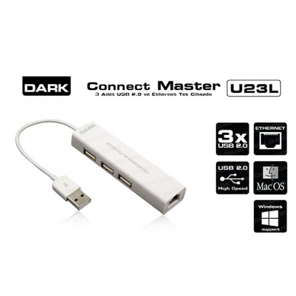 DARK DK-AC-USB23L 10/100 Usb 2.0 3 Port Hub+Ethernet Adaptör
