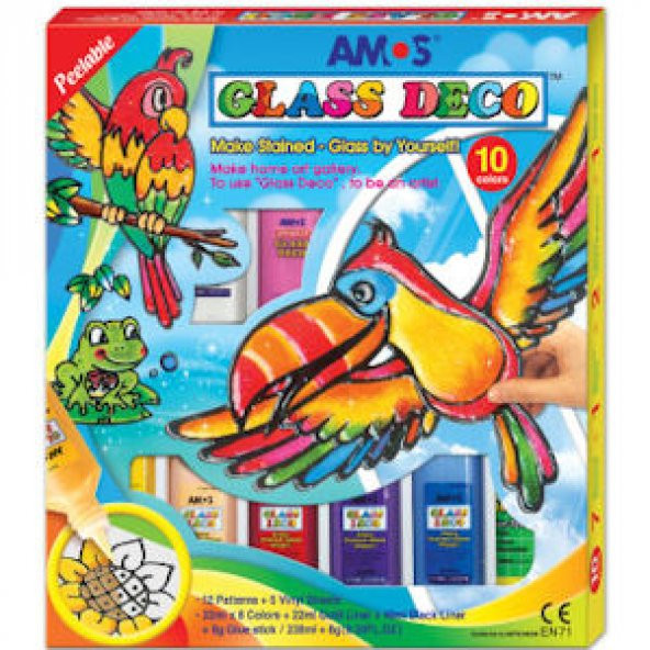Amos Glass Deco Sökülebilir Cam Boyası 22 ml x 8 Renk + 40 ml Siy
